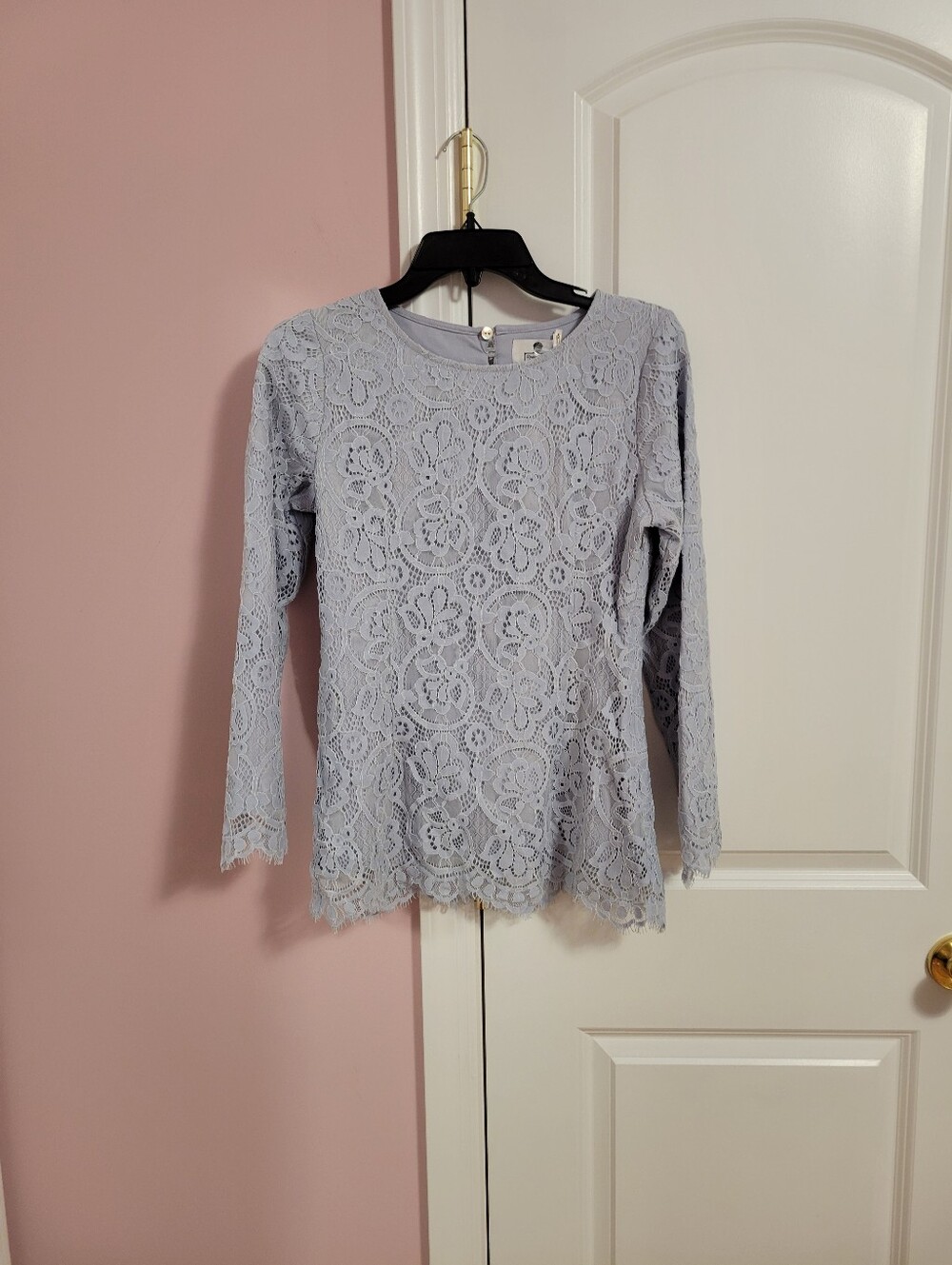 NWT Womens Dainty Jewell's Blue Floral Lace Modest Long Sleeve Blouse– M- Formal